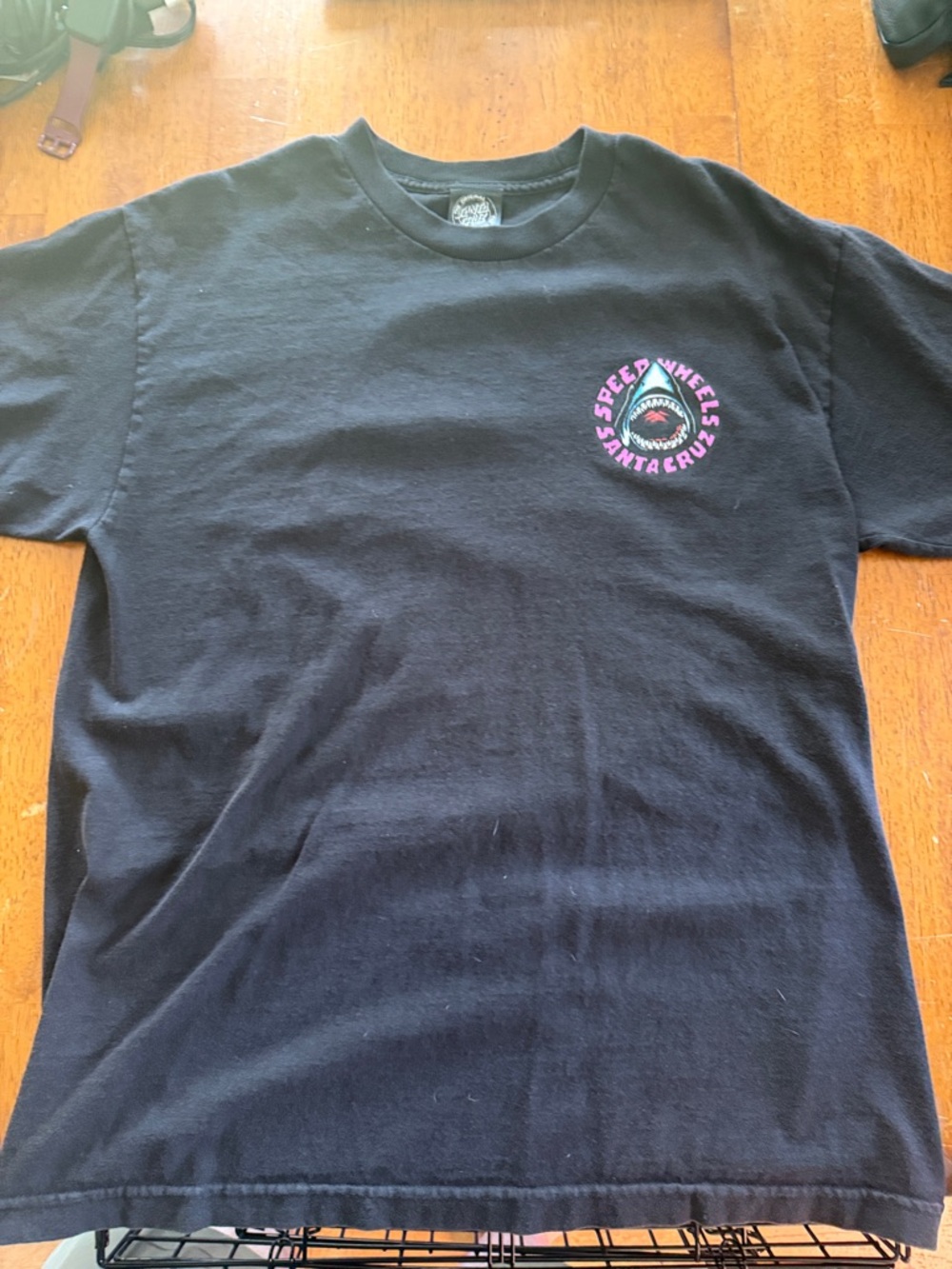 Santa Cruz Skateboards Black Tee with Pink & Teal Shark Emblem